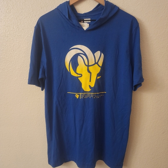 NFL Los Angeles LA Rams Football Blue Hooded Short Sleeve Shirt Mens Large - Picture 1 of 10